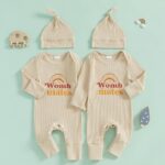 YOKJZJD Newborn Baby Girl Boy Twins Matching Outfits Womb Mates Knitted Romper Mitten Cuffs Jumpsuit with Hat Fall Clothes (Apricot, Newborn)