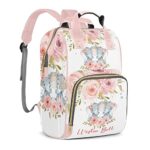 EasyeeUMe Pink Floral Elephant Twins Personalized Large Capacity Diaper Bags,Custom Name Backpack Casual Daypack Bag Nappy Bag Gifts