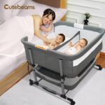 cutebeams Twin Bassinet for 2 Babies, 3 in 1 Bedside Co Sleeper Double Bassinet for Twins?Rocking Bassinet for Baby with Wheels and Storage Basket, Easy Folding Adjustable Portable Newborn Crib