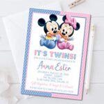 Mickey And Minnie Twins Baby Shower Invitations With Envelopes, Twins Baby Shower Invitations For Boy And Girl Twins