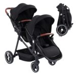 GarveeLife Double Stroller for Infants and Toddlers, Foldable Tandem Stroller, Reversible Pushchair Bassinet Pram with Large Storage Basket, Adjustable Backrest & Canopy, Black