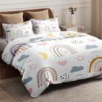 WeCozy Duvet Cover Set Twin Size, Nursery Cute Rainbow Bedding Set with Zipper Closure for Kids and Adults, Happy Colorful Cartoon Duvet Cover with Pillowcase for Bedroom Bed Decor