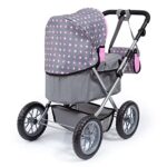 Bayer Design Dolls: Trendy Pram – Grey, Pink, Dots – Includes Shoulder Bag, Fits Dolls Up to 18″, Adjustable Handle, Kids Pretend Play, Shopping Basket, Easy to Fold, Ages 3+