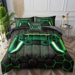 BDUCOK 5 Piece Gamer Comforter Sets Bed in A Bag for Boys Teen Kids,Honeycomb Gaming Bedding Sets Gamepad Comforter Microfiber Bed Set for All Season Gamer Home Decor(Green, 5 Piece Sets30021-Twin)