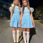 Alyweatry Halloween Creepy Grady Twins Costume for Women Blue Babydoll Dress The Shining Twins Costume Halloween Fancy Dress Up (Pink Ribbon in Blue, M)