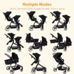 Double Track Tandem Stroller, Foldable Bassinet Pram for Infant and Toddler, Multi-Position Reversible Pushchair with Large Storage Basket, Adjustable Backrest & Canopy, Black